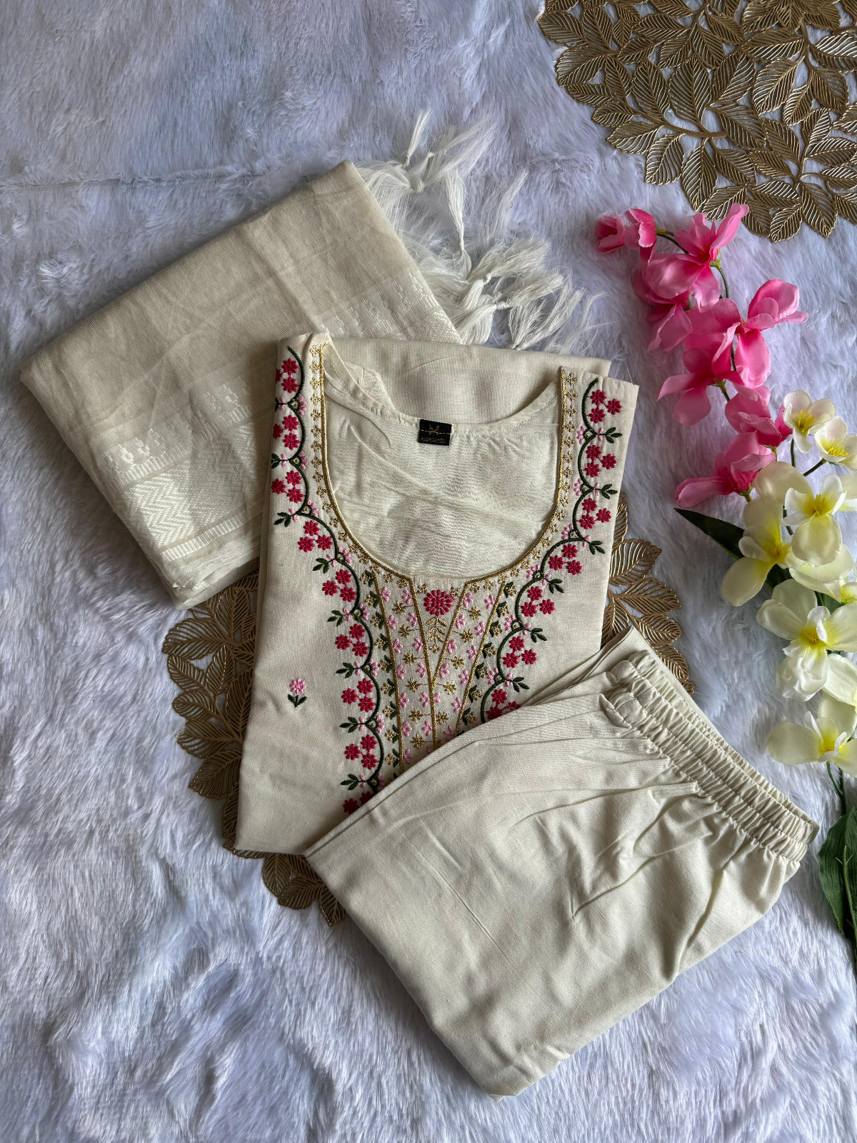White Embroidered Khadi Cotton Kurti Pant Dupatta Set | The Indian Wardrobe