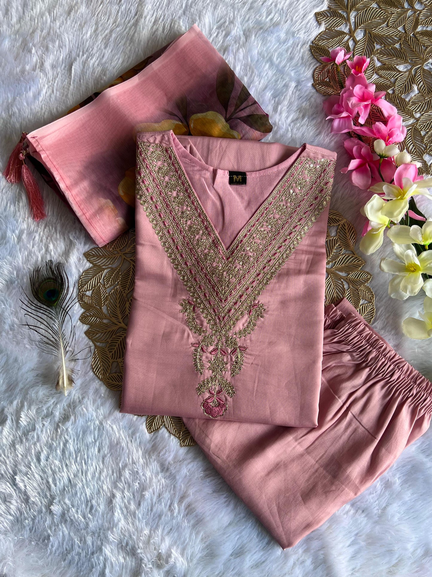 Light Peach Roman Silk Kurti Set | Embroidered Designer Wear with Digital Print Dupatta
