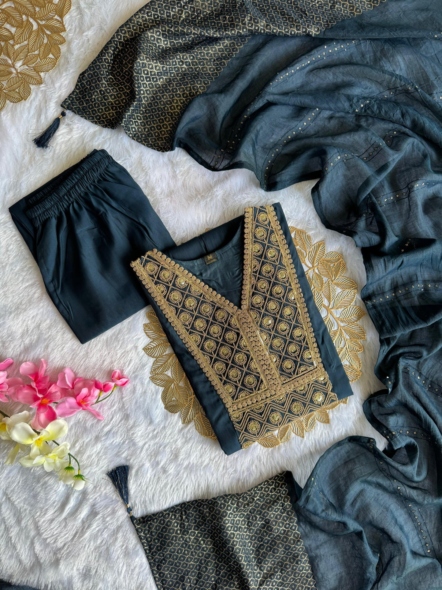 Elegant Embroidery | Roman Silk Kurti with Pent & Dupatta Set