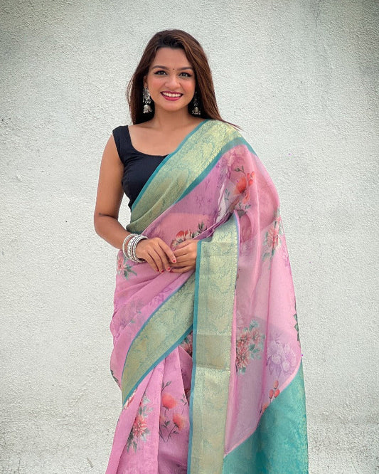 Floral Print Crush Tissue Saree with Zari Work - Ready to Wear Festival Saree