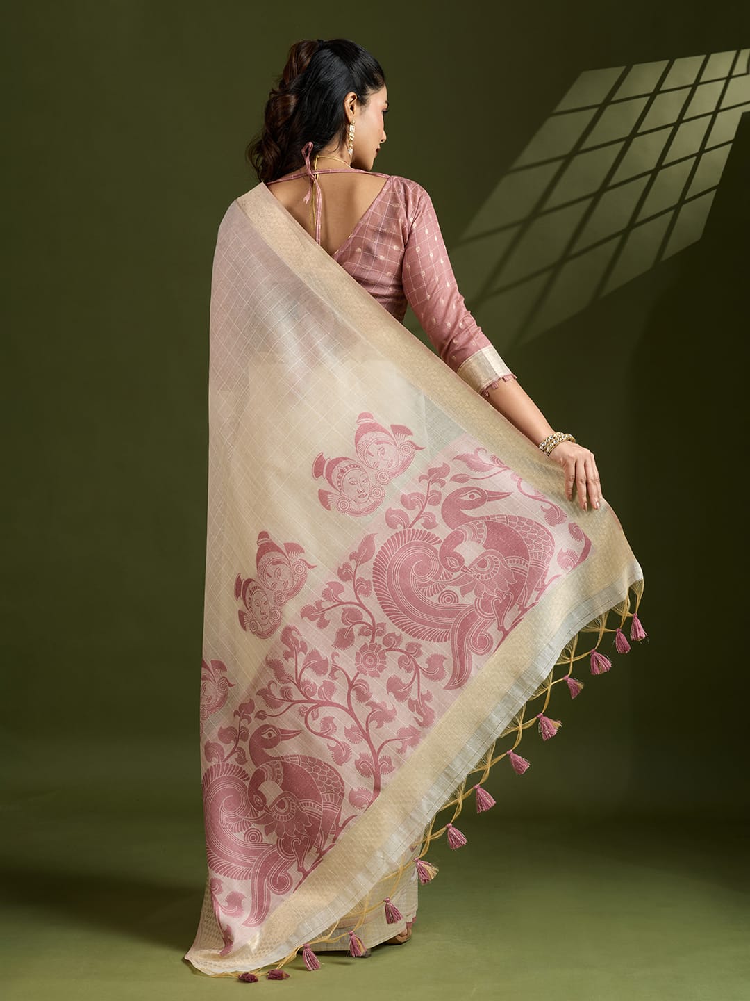 Traditional Kalamkari Peacock Weaving Saree with Checks Pattern