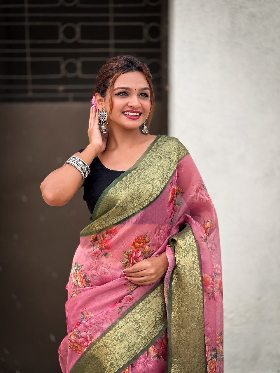 Floral Print Crush Tissue Saree with Zari Work - Ready to Wear Festival Saree