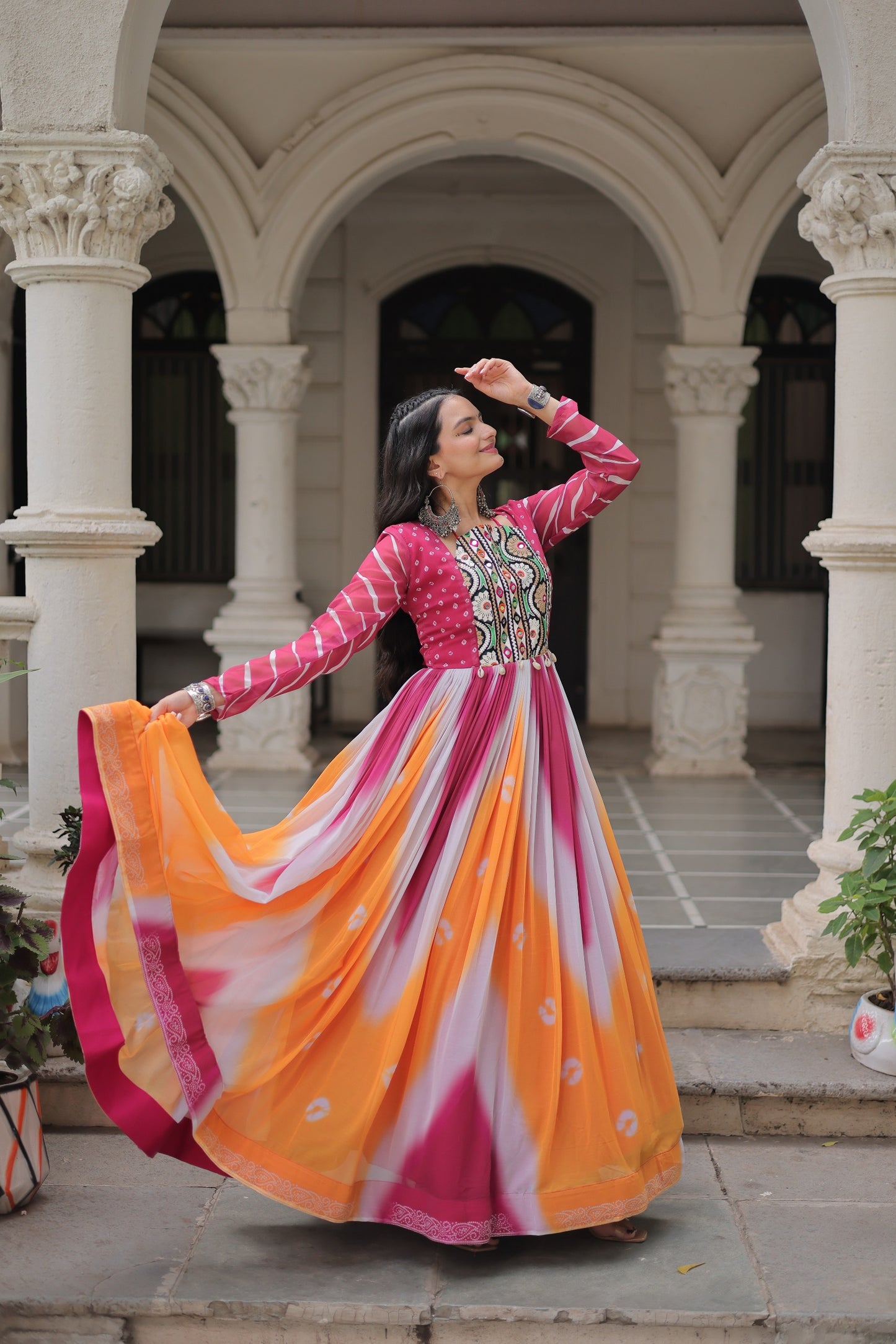 Navratri Bandhej Gown with Gamthi Embroidery | Mirror Work Faux Georgette Gown