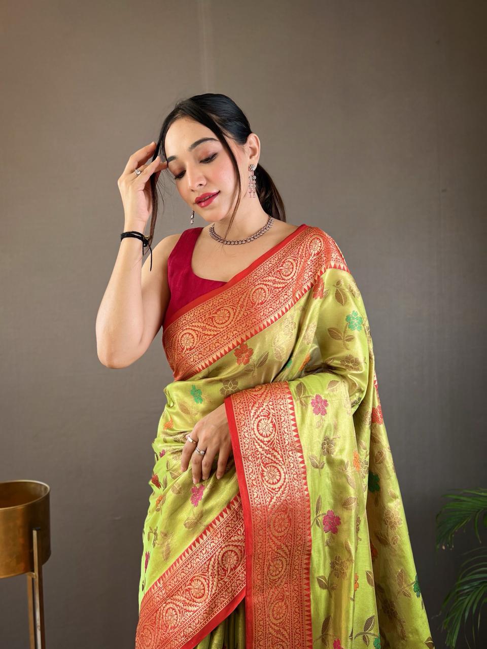 Sabri Organza Tissue Silk Saree with Zari Weaving | Contrast Pallu & Blouse