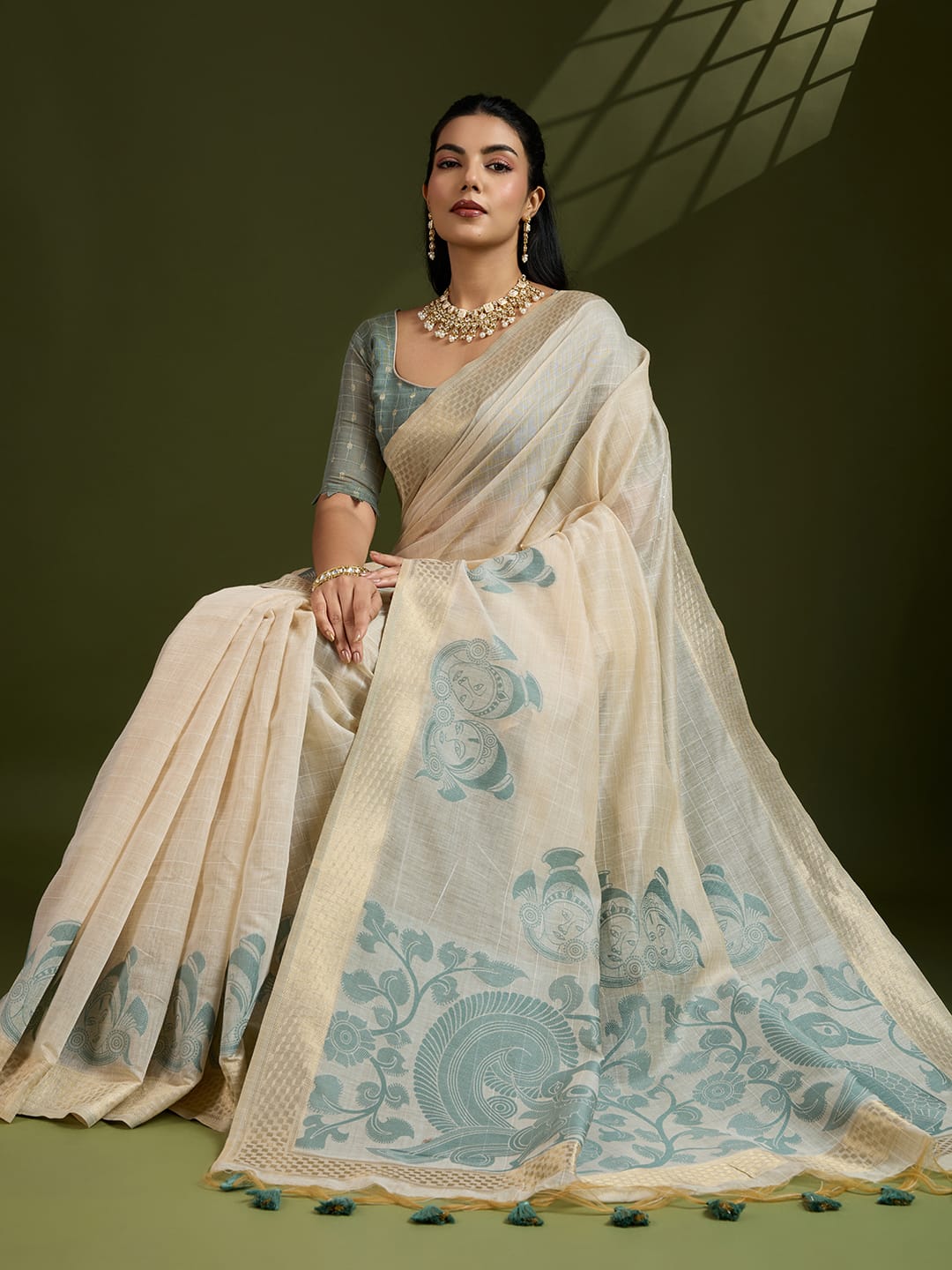 Traditional Kalamkari Peacock Weaving Saree with Checks Pattern