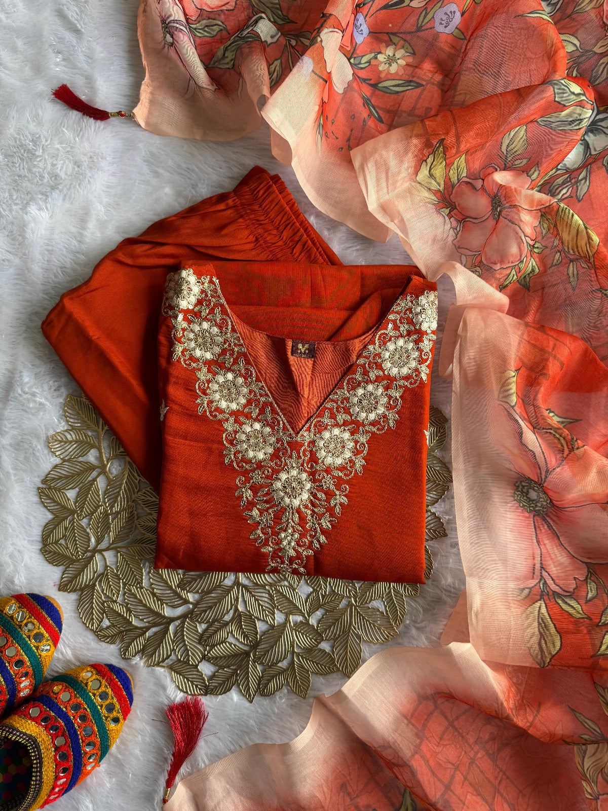 Roman Silk Kurti Set with Embroidery & Sequins Work | Tomato Pink Designer Kurti Pent Dupatta |