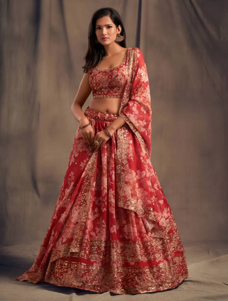 Organza Lehenga with Digital Print & Heavy Zari Sequence Work | 9 Colors Available | Ready to Ship