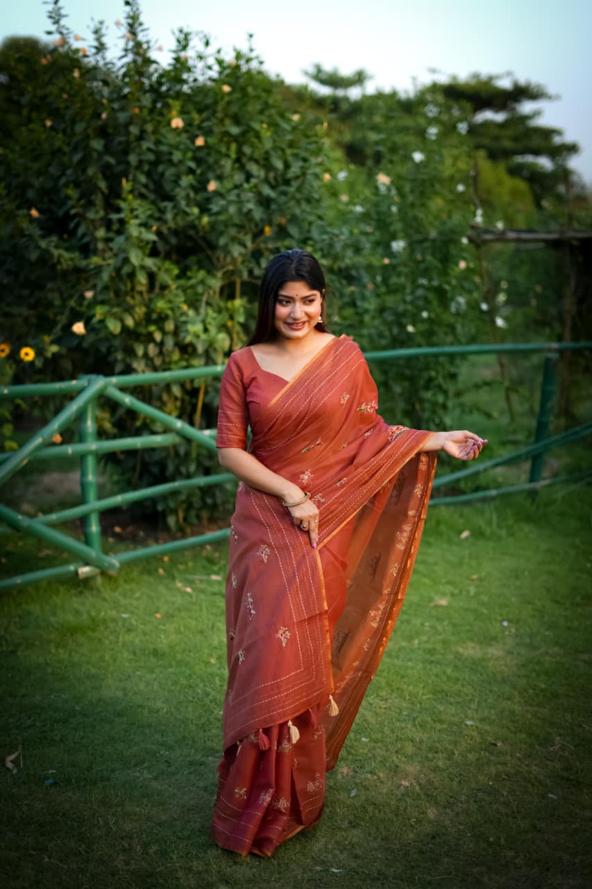 Premium Khadi Tussar Silk Saree with Kantha Stitch Border