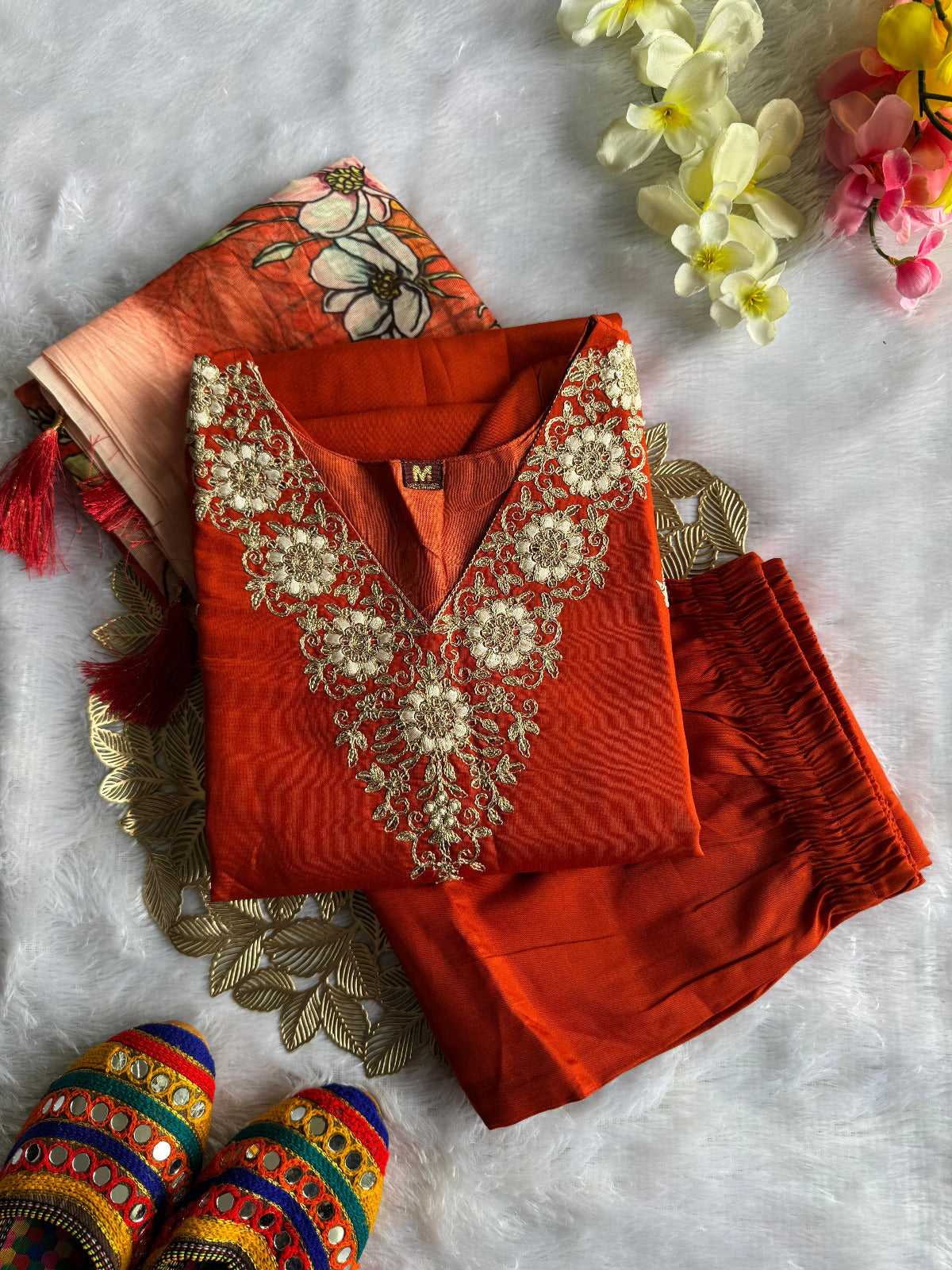 Roman Silk Kurti Set with Embroidery & Sequins Work | Tomato Pink Designer Kurti Pent Dupatta |