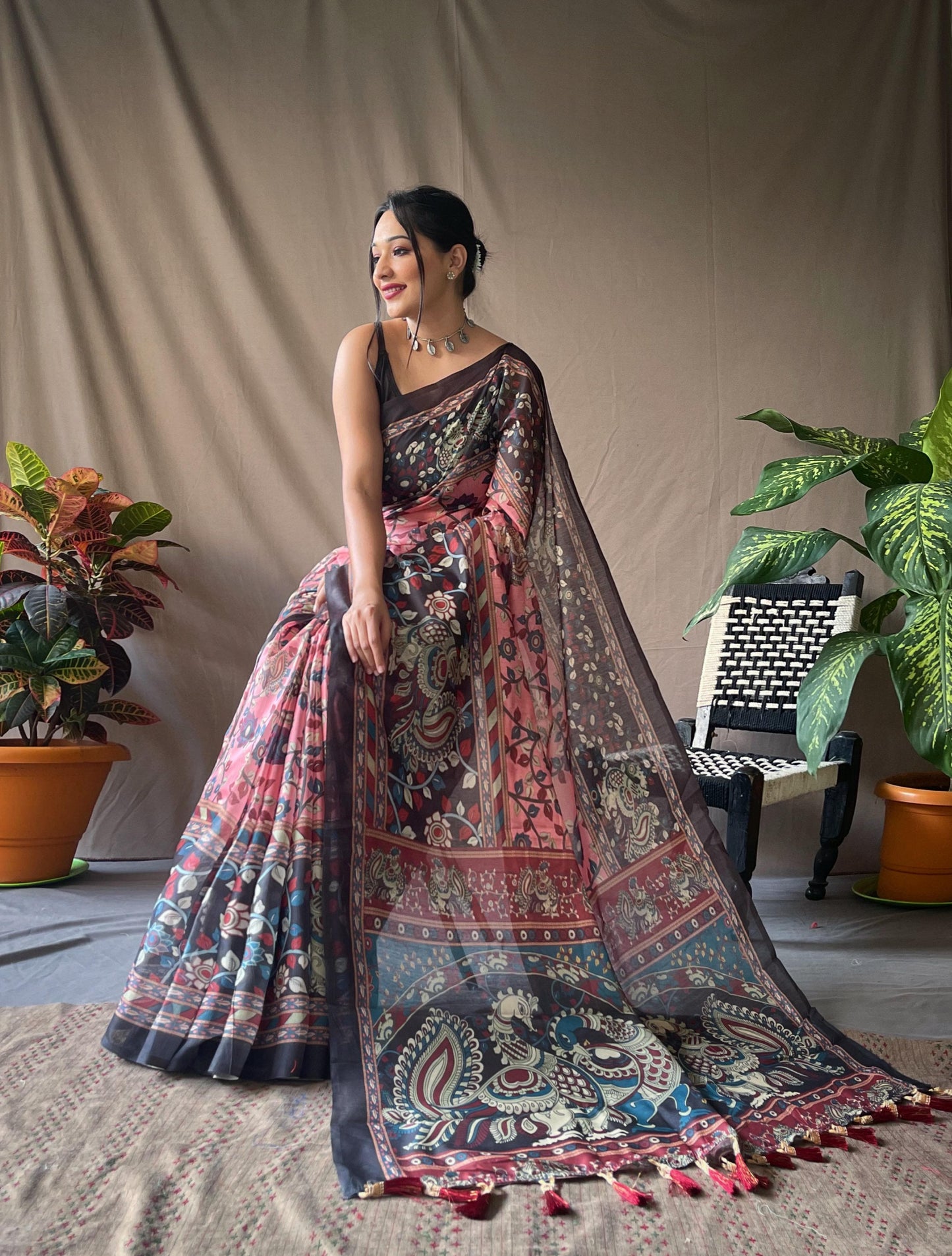 Cotton Kalamkari 2 | Pure Cotton Saree with Traditional Kalamkari Print & Contrast Blouse