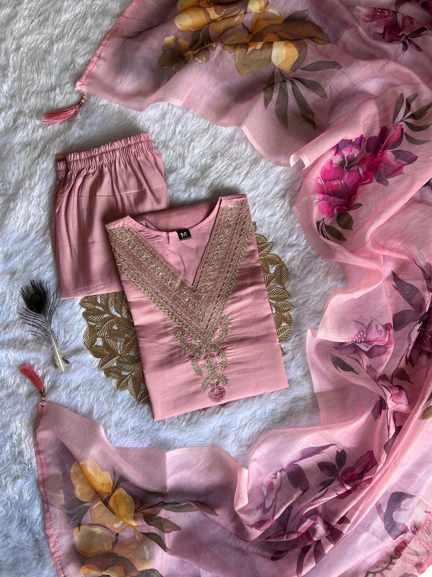 Light Peach Roman Silk Kurti Set | Embroidered Designer Wear with Digital Print Dupatta