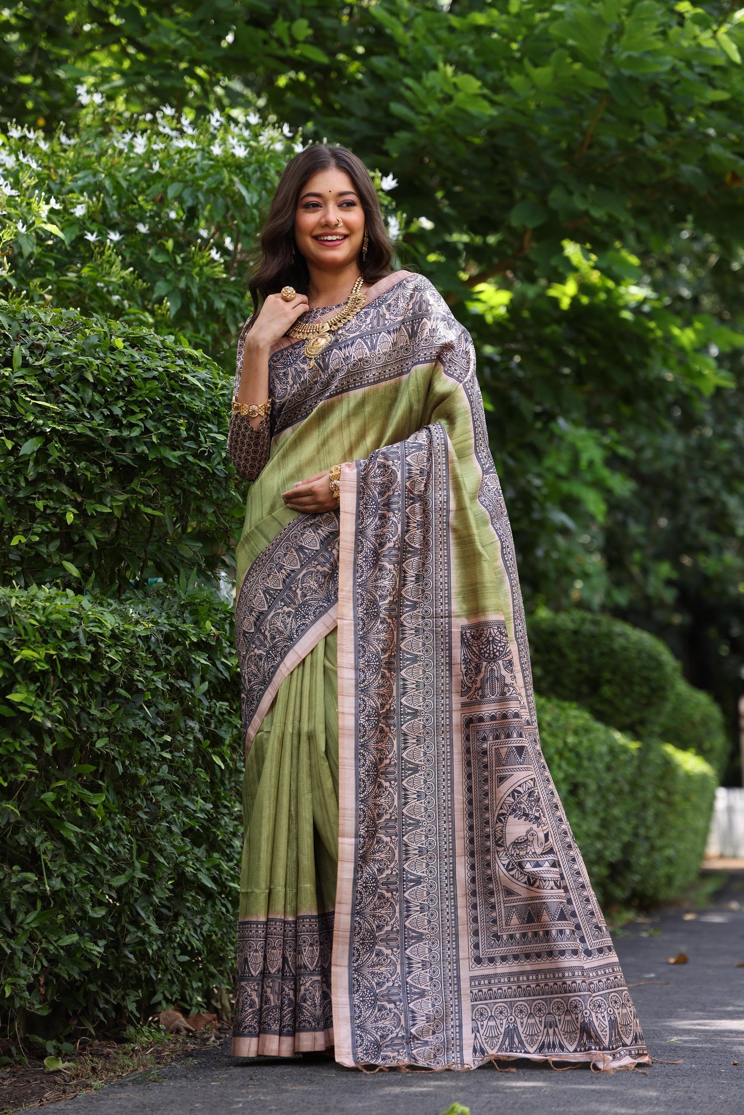 Soft Tussar Silk Saree with Madhubani Print | Traditional Pallu & Fancy Tassels | Ready Stock