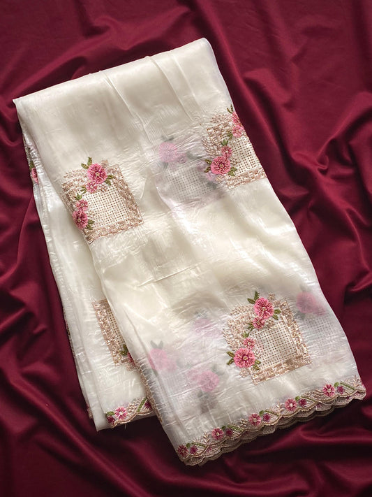 Pure Paper Silk Crush Saree with Embroidery & Swarovski Work