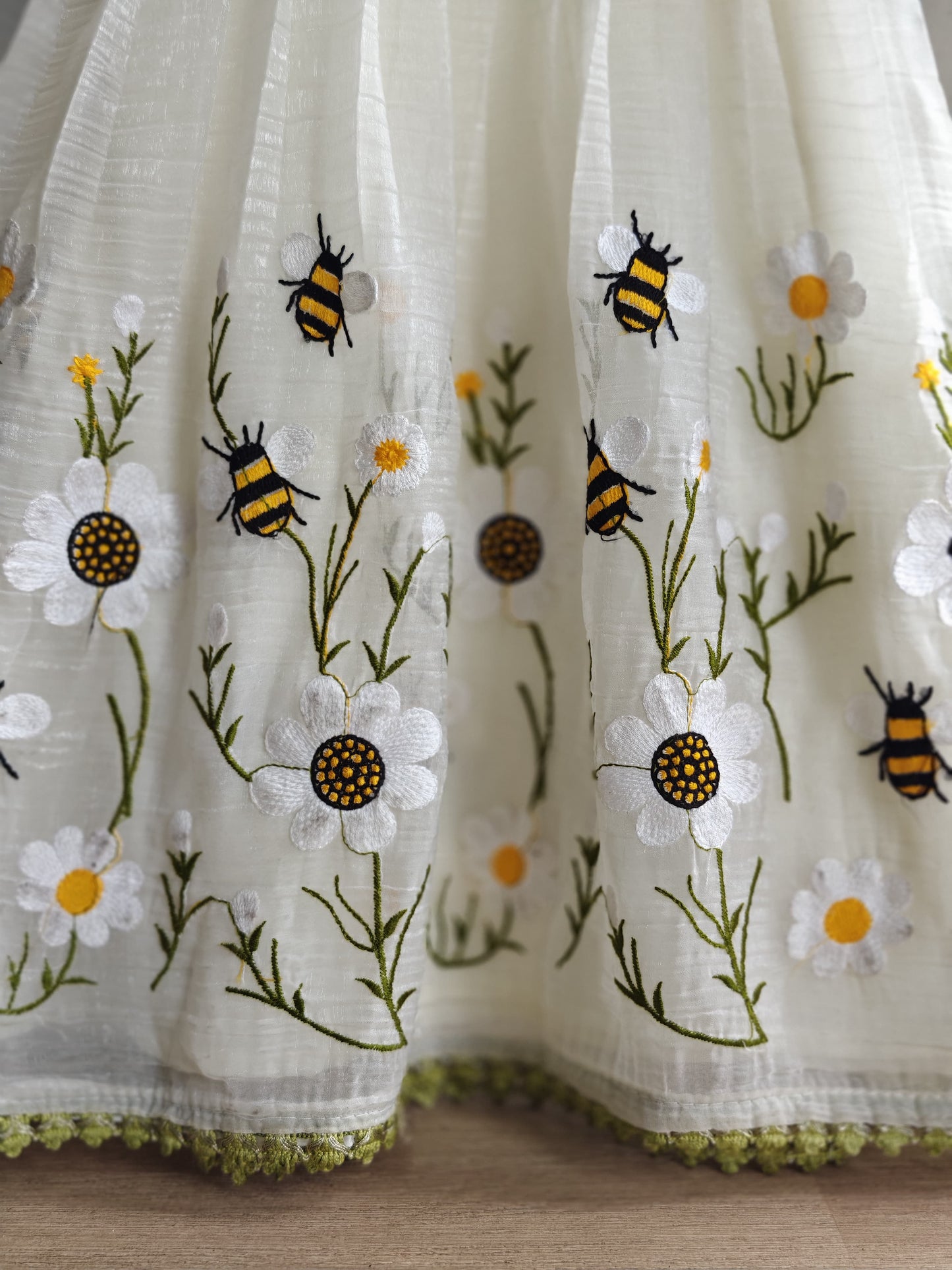 Honeybee Off-White Flared Dress for Girls | Honeybee Embroidery with Puff Sleeves | Crush Organza Dress for Special Occasions