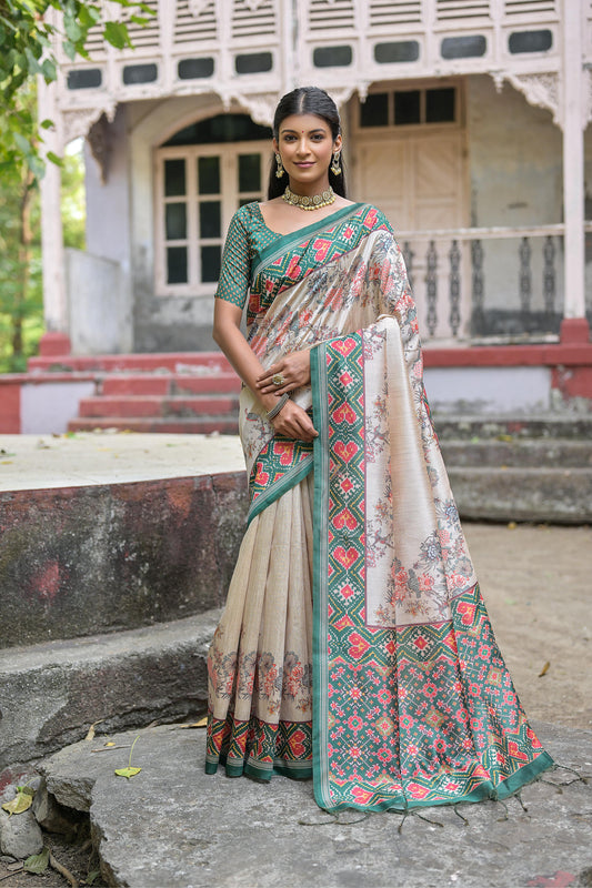 Designer Tussar Silk Saree | Patola Print & Floral Jal | Yogita Collection