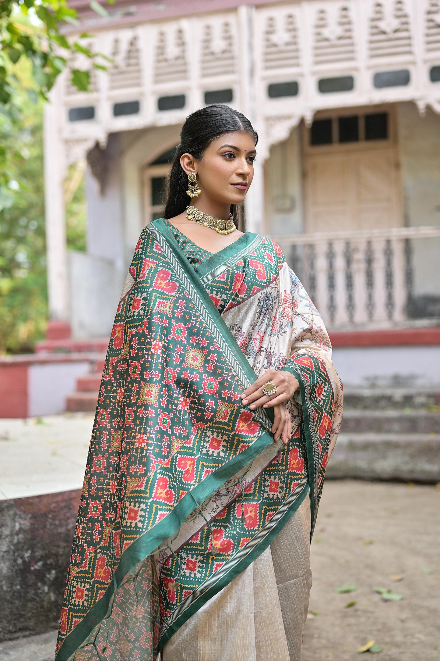 Designer Tussar Silk Saree | Patola Print & Floral Jal | Yogita Collection