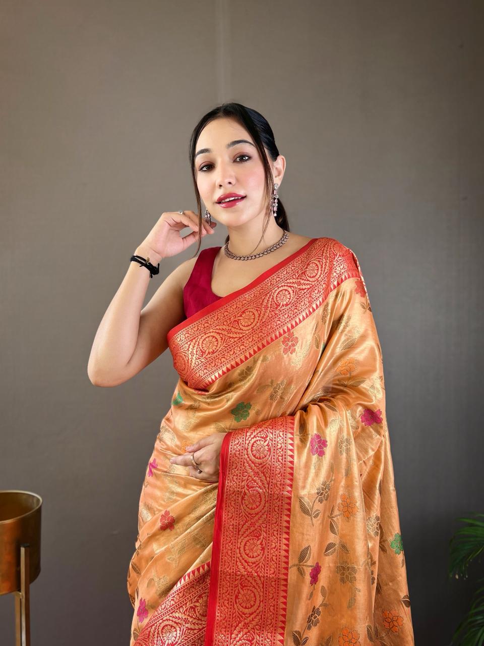 Sabri Organza Tissue Silk Saree with Zari Weaving | Contrast Pallu & Blouse