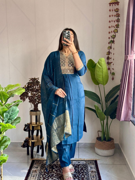 Elegant Embroidery | Roman Silk Kurti with Pent & Dupatta Set