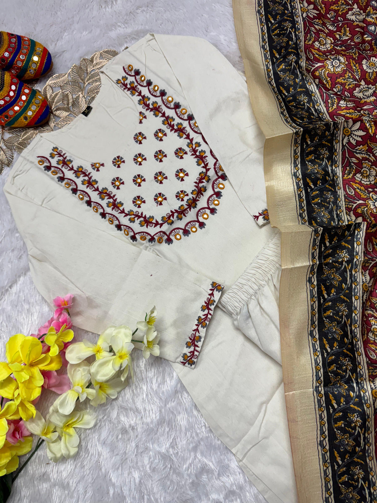 Khadi Cotton Kurti Set with Embroidery | White Ethnic 3-Piece Outfit | S-3XL Sizes