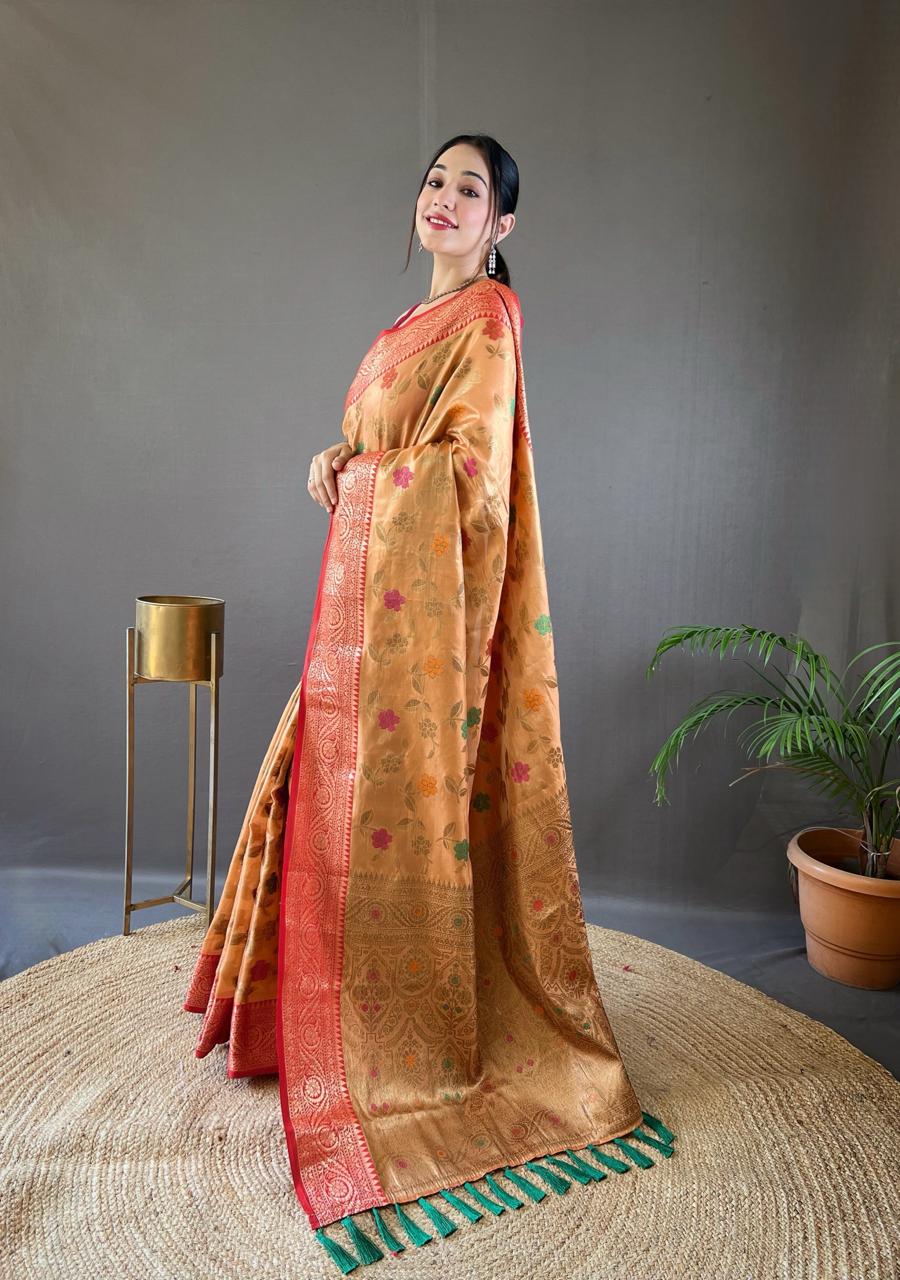 Sabri Organza Tissue Silk Saree with Zari Weaving | Contrast Pallu & Blouse