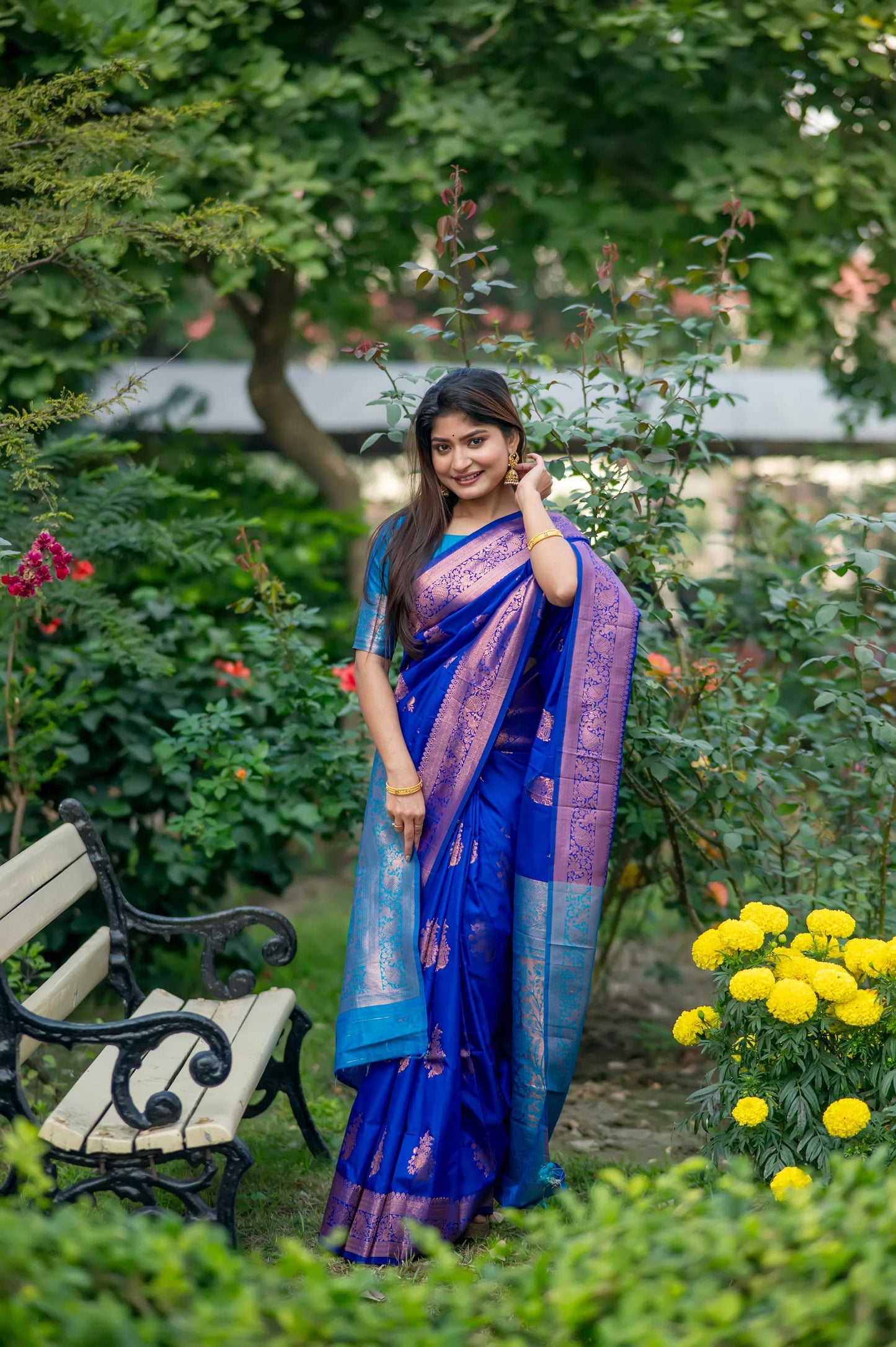 Premium Soft Banarasi Katan Silk Saree | All-Over Zari Weaving | Contrast Blouse