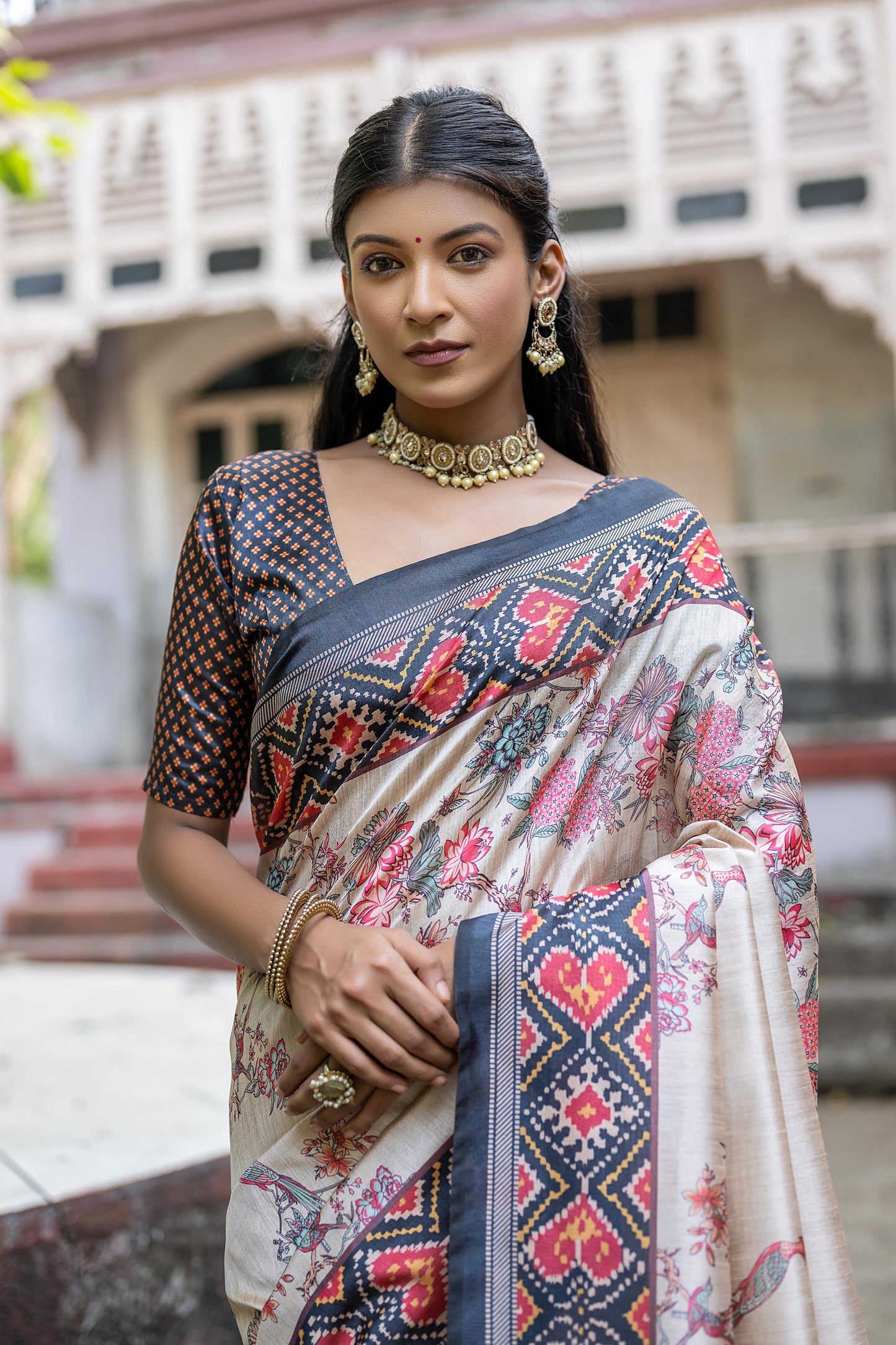 Designer Tussar Silk Saree | Patola Print & Floral Jal | Yogita Collection
