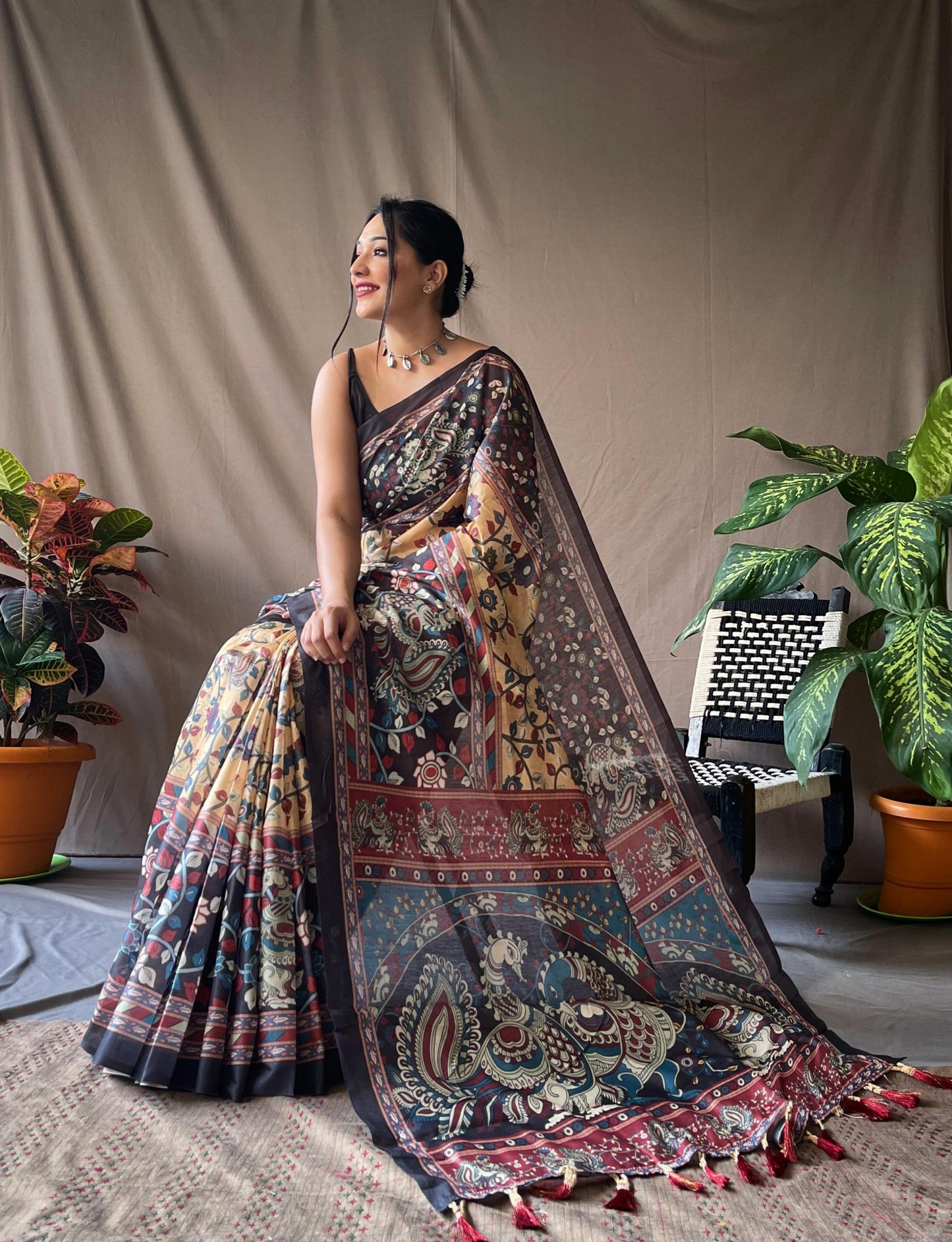 Cotton Kalamkari 2 | Pure Cotton Saree with Traditional Kalamkari Print & Contrast Blouse