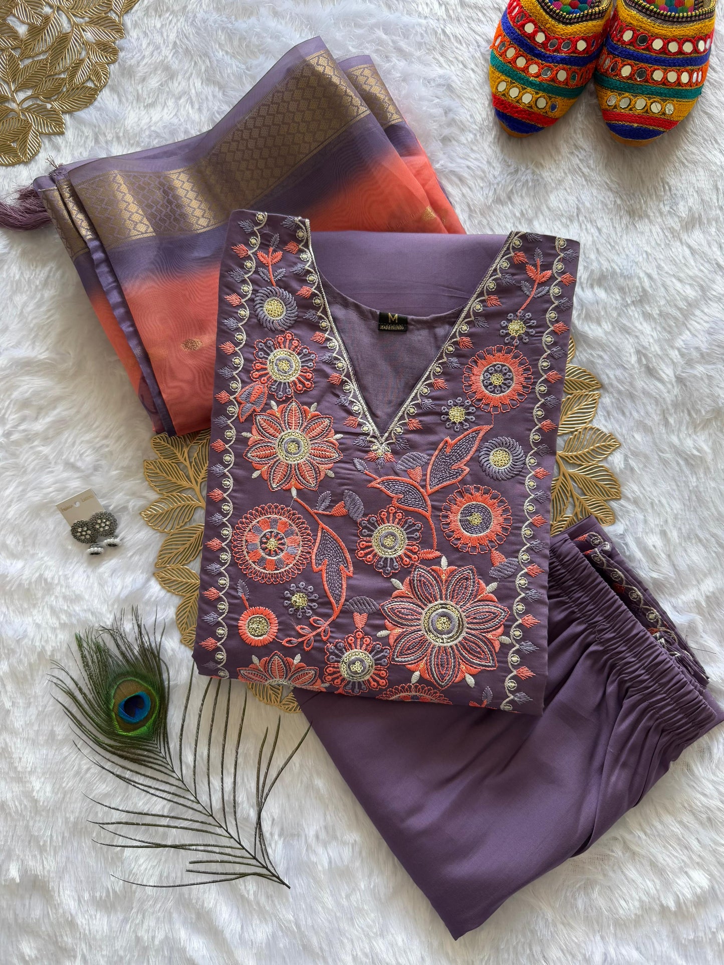 Violet Elegance: Embroidered Roman Silk Kurti Set with Organza Dupatta