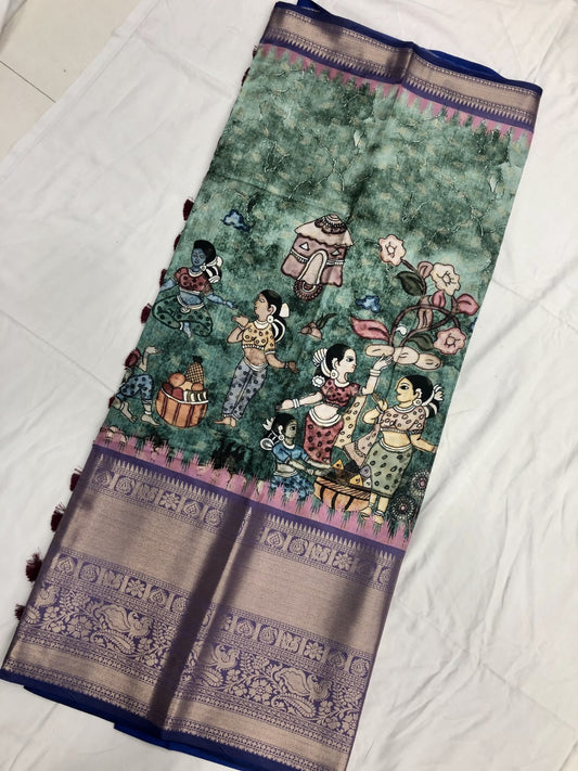 Vidya | Premium Soft Banarasi Silk Saree with Kalamkari Print & Zari Work