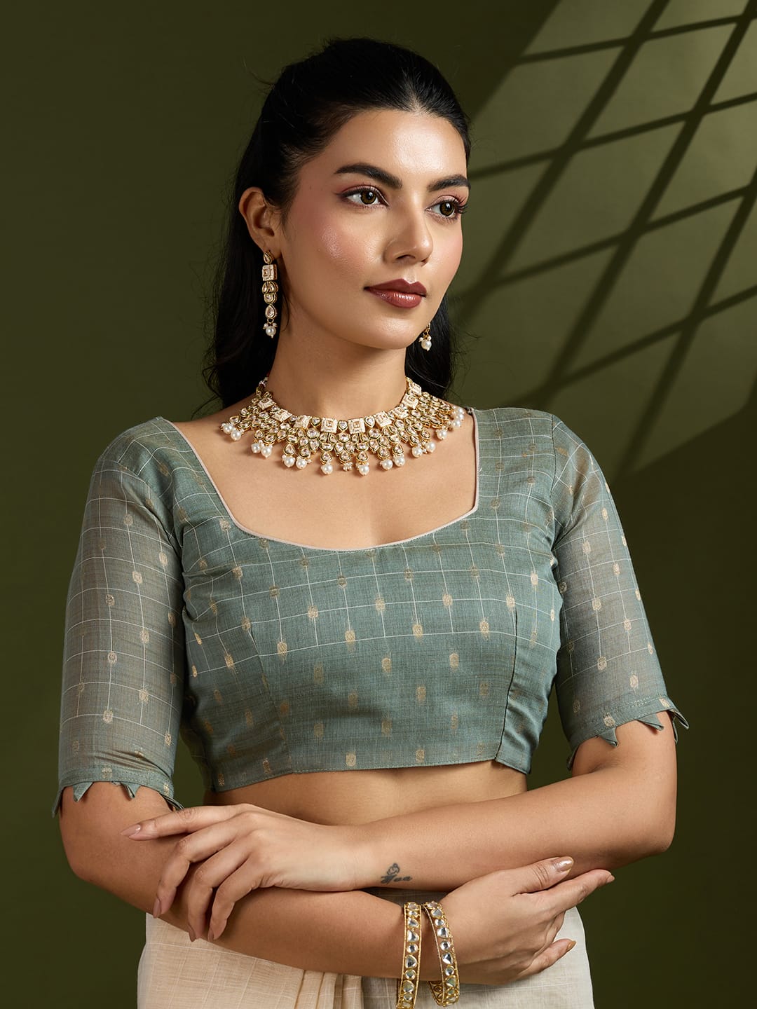 Traditional Kalamkari Peacock Weaving Saree with Checks Pattern