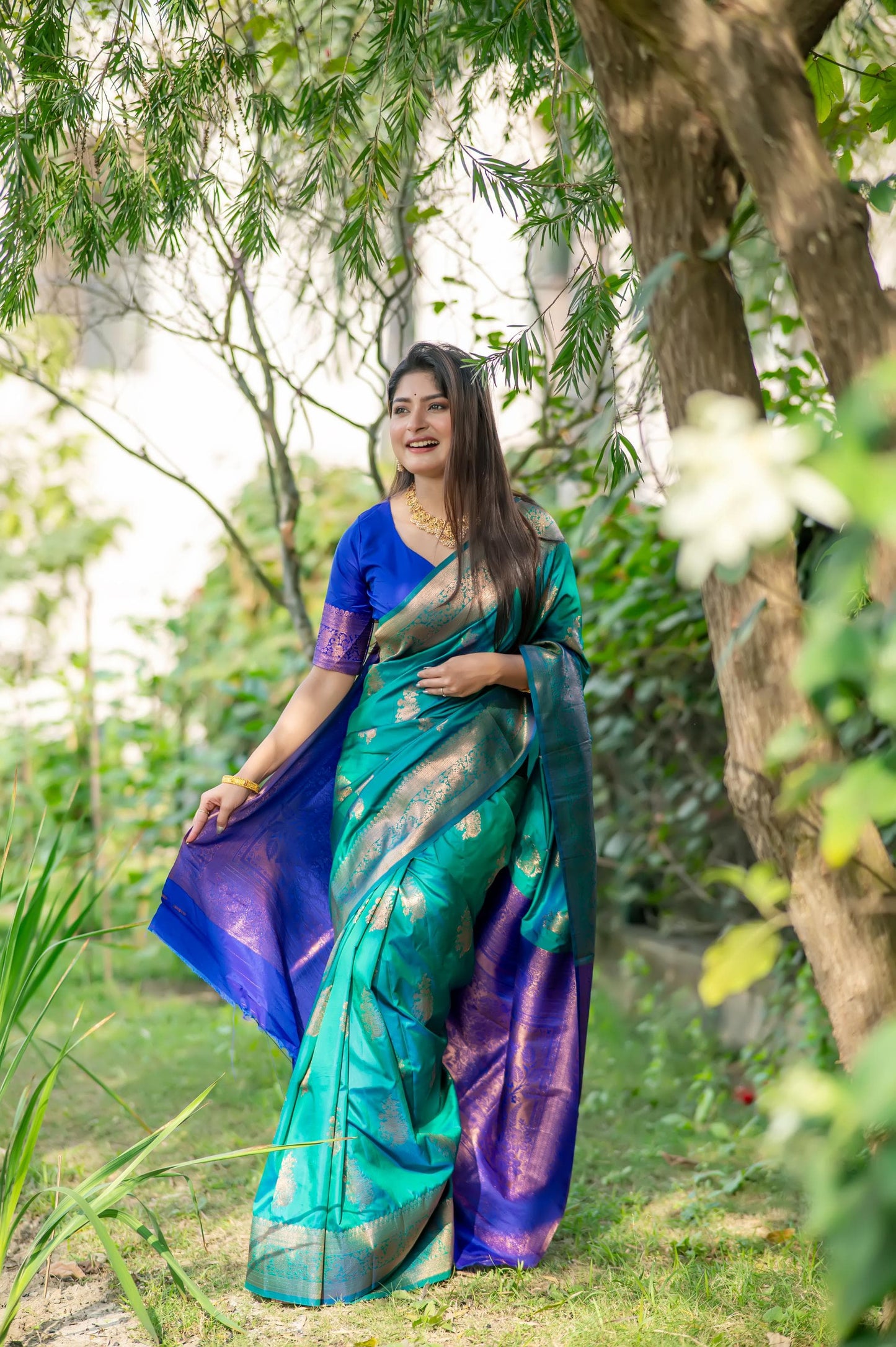 Premium Soft Banarasi Katan Silk Saree | All-Over Zari Weaving | Contrast Blouse