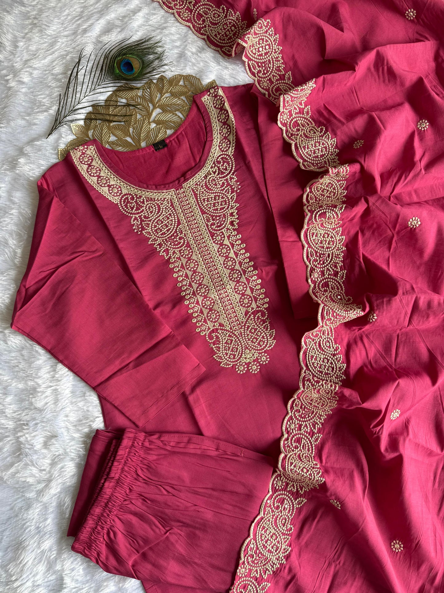 Peach Roman Silk Kurti Set with Embroidered Dupatta