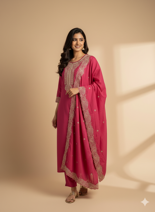 Peach Roman Silk Kurti Set with Embroidered Dupatta