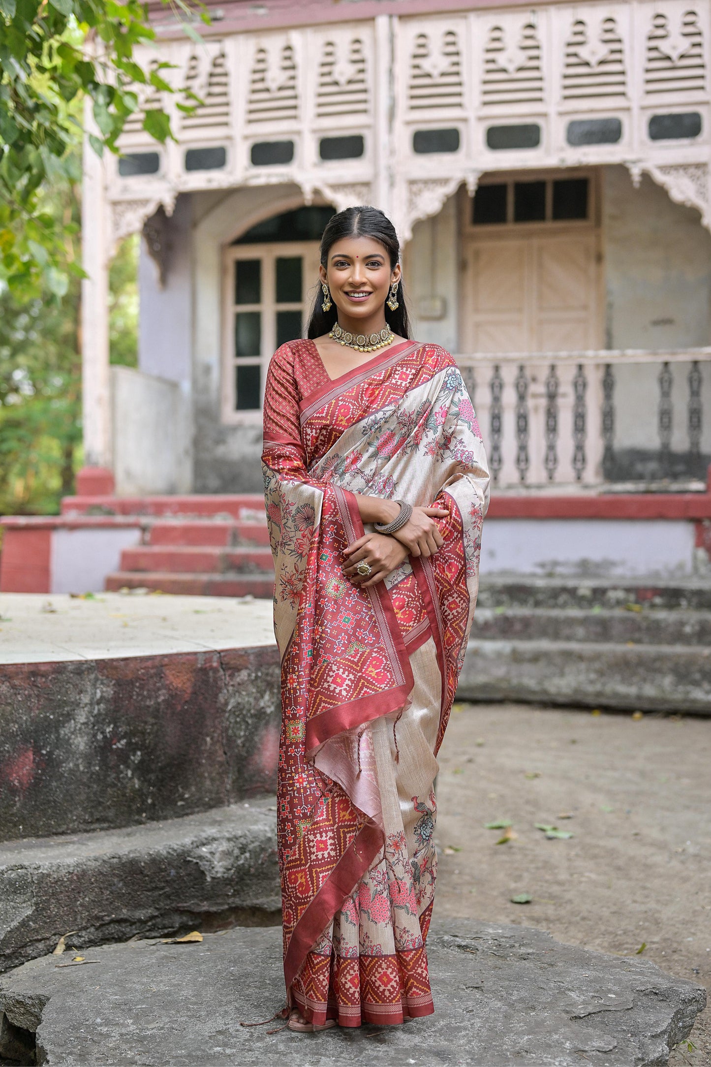 Designer Tussar Silk Saree | Patola Print & Floral Jal | Yogita Collection