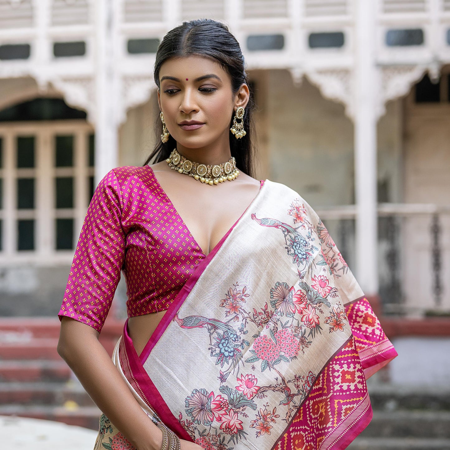 Designer Tussar Silk Saree | Patola Print & Floral Jal | Yogita Collection