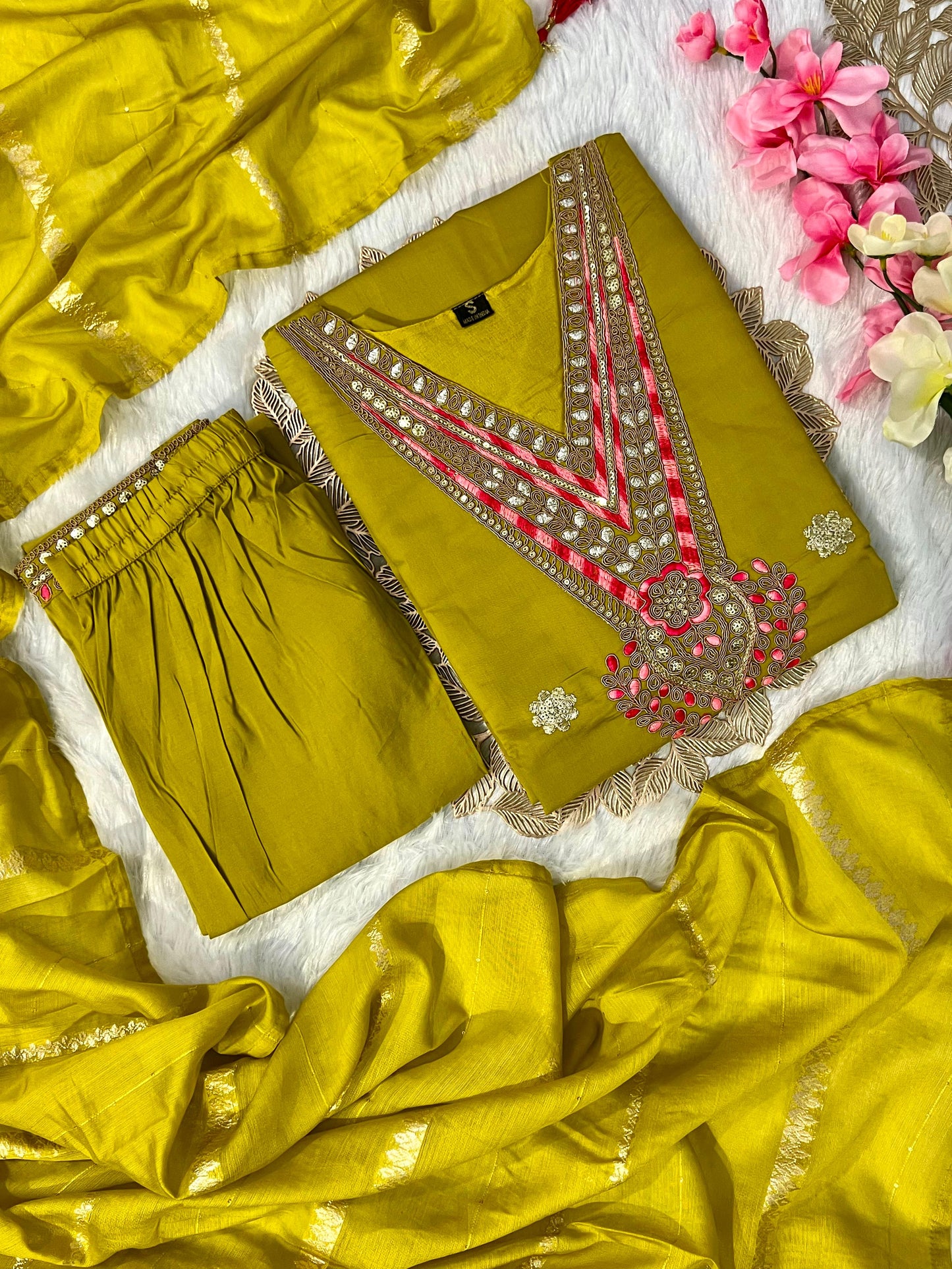Roman Silk Kurti Set with Embroidered Details & Cotton Silk Dupatta | 3-Piece Luxury Ensemble