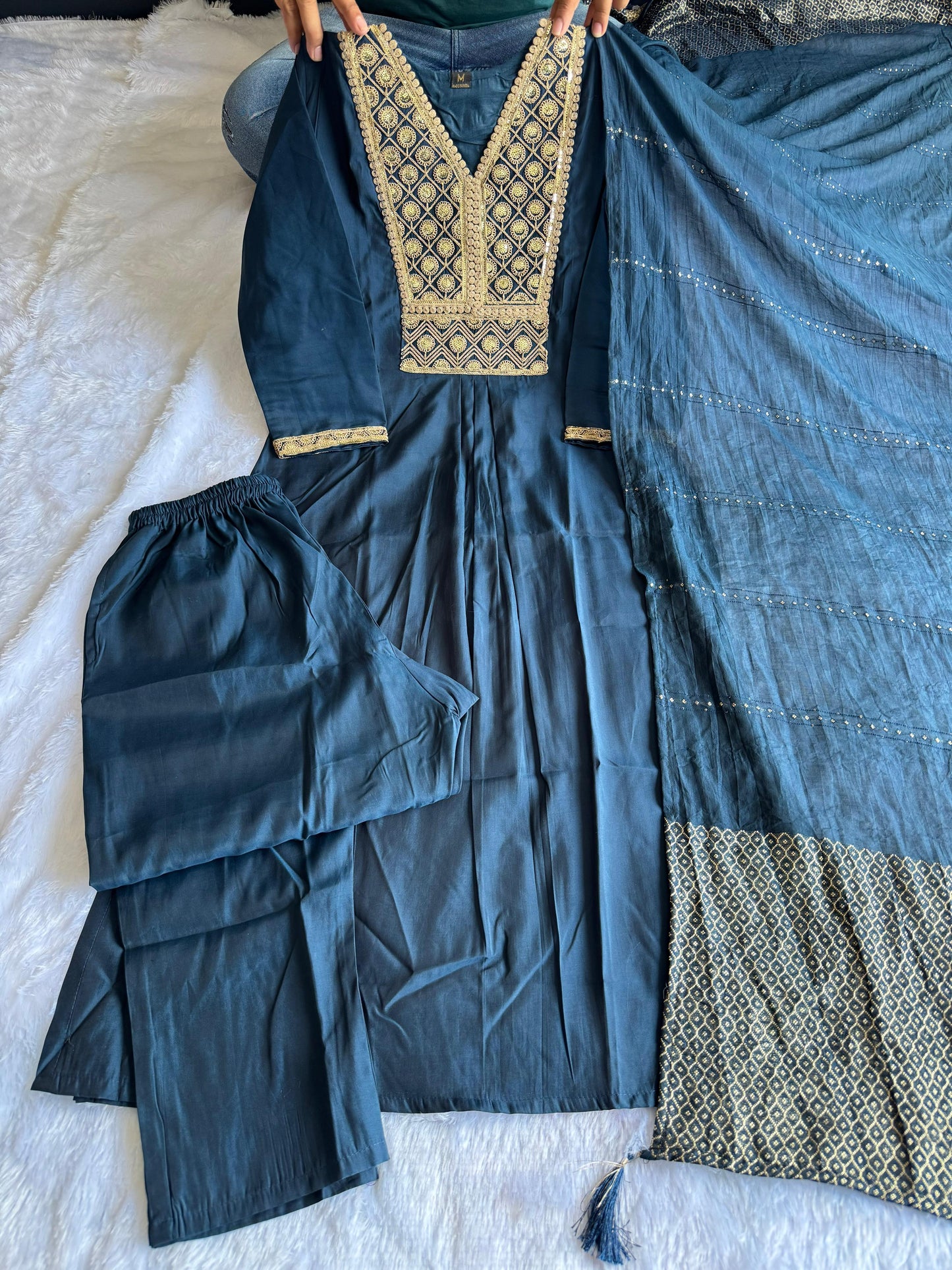 Elegant Embroidery | Roman Silk Kurti with Pent & Dupatta Set