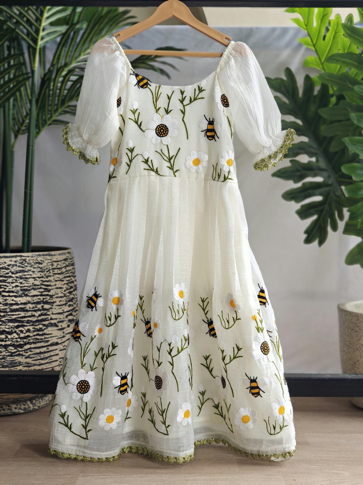 Honeybee Off-White Flared Dress for Girls | Honeybee Embroidery with Puff Sleeves | Crush Organza Dress for Special Occasions