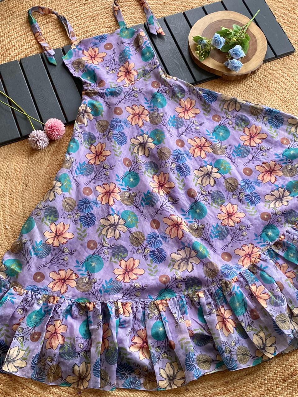 Cute Ruffled Floral Dress for Girls: Chanderi Fabric, Shoulder Tie-Ups (1 Month - 16 Years)
