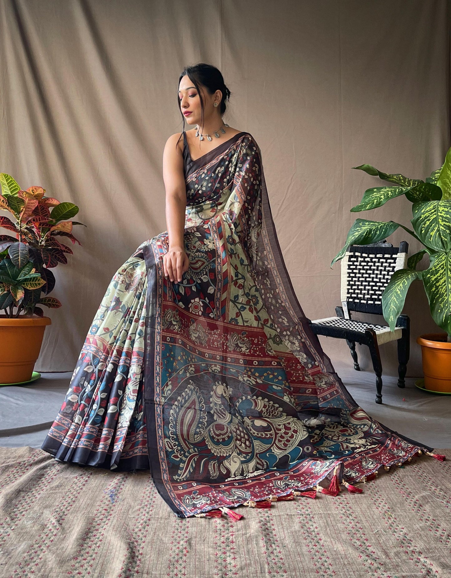 Cotton Kalamkari 2 | Pure Cotton Saree with Traditional Kalamkari Print & Contrast Blouse