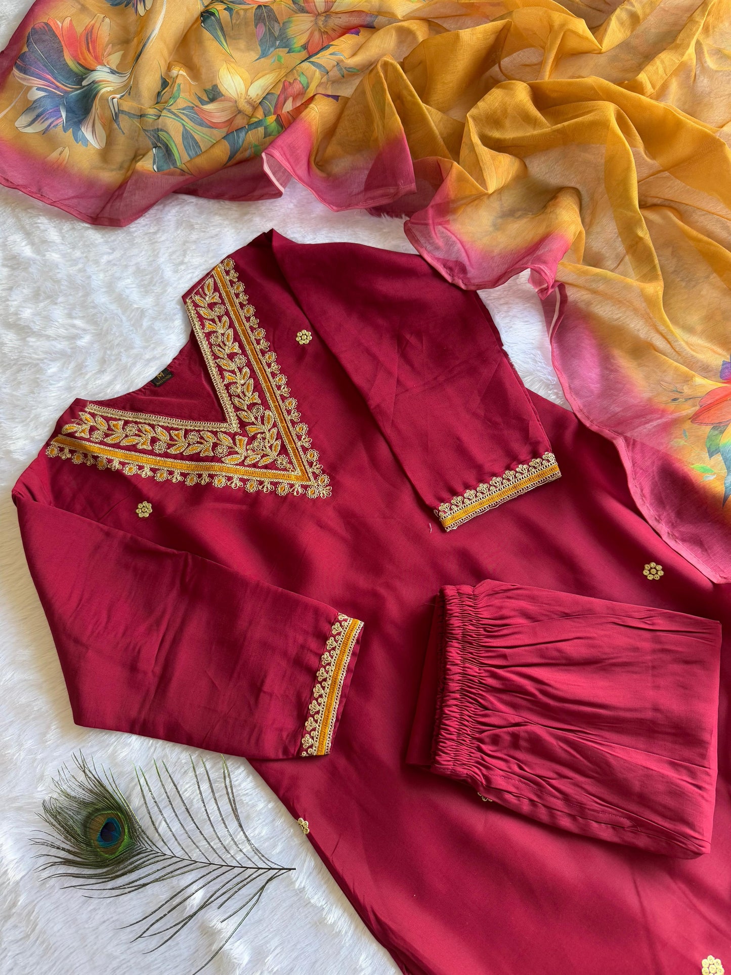Maroon Roman Silk Kurti Pent Dupatta Set – Luxurious 3-Piece Ensemble