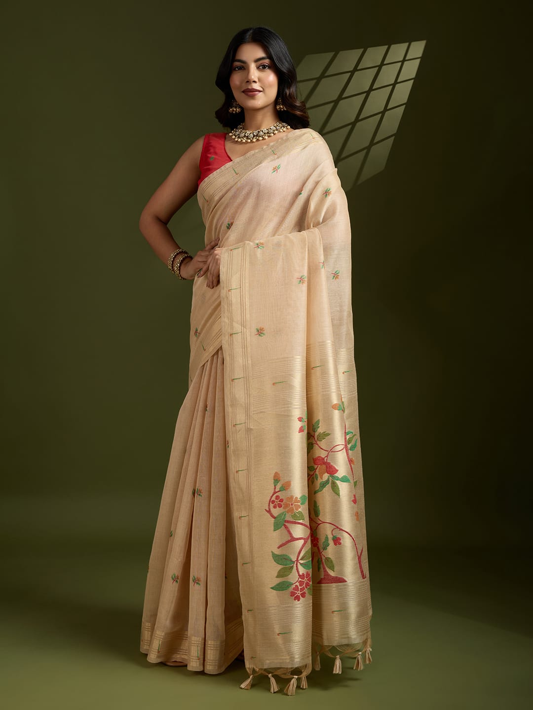 Muga Cotton Paithani Saree with Resham Weaving & Zari Border | Wedding Festive Wear