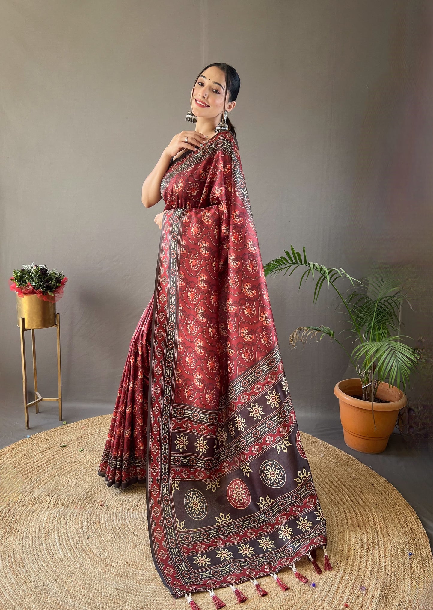 Digital Print Semi-Silk Saree with Tassels ✨
