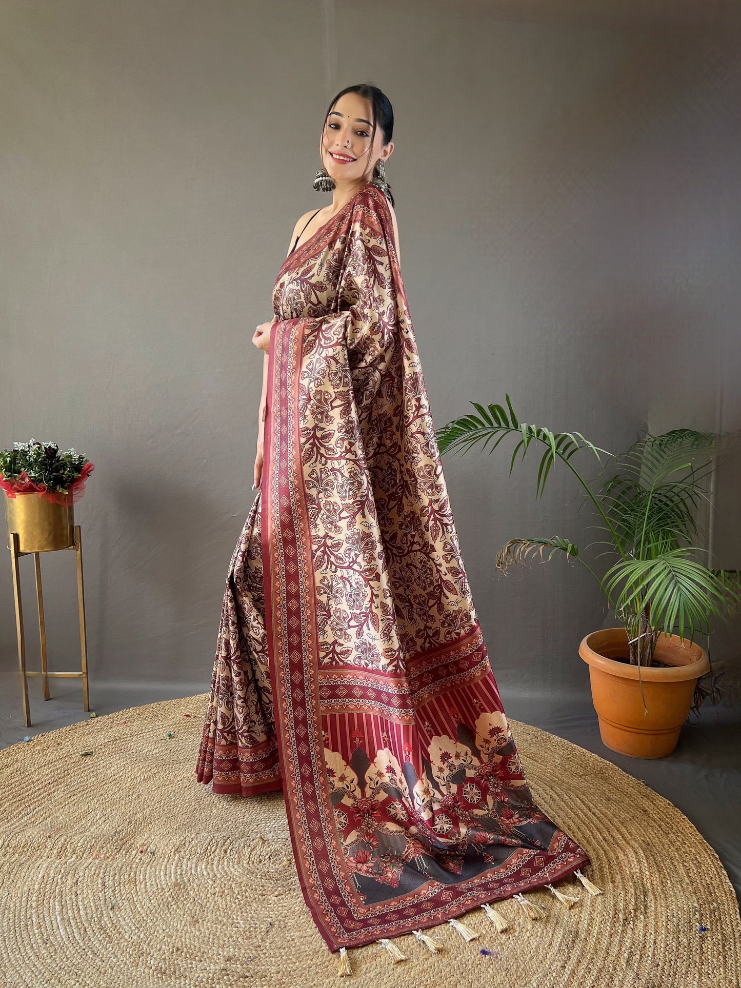 Digital Print Semi-Silk Saree with Tassels ✨