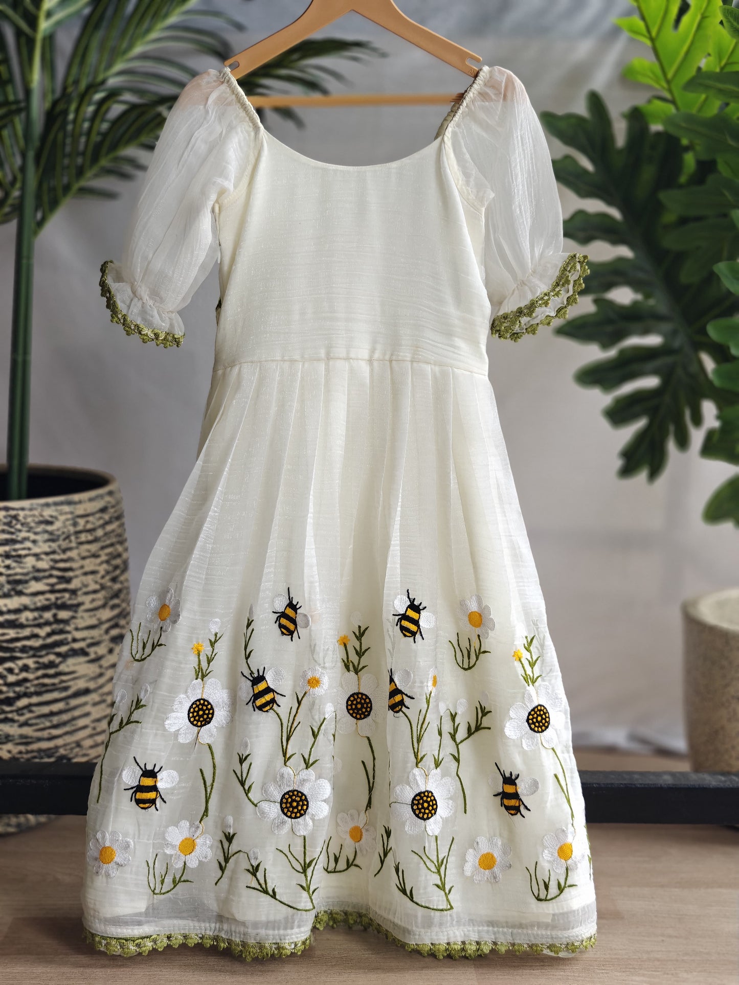 Honeybee Off-White Flared Dress for Girls | Honeybee Embroidery with Puff Sleeves | Crush Organza Dress for Special Occasions