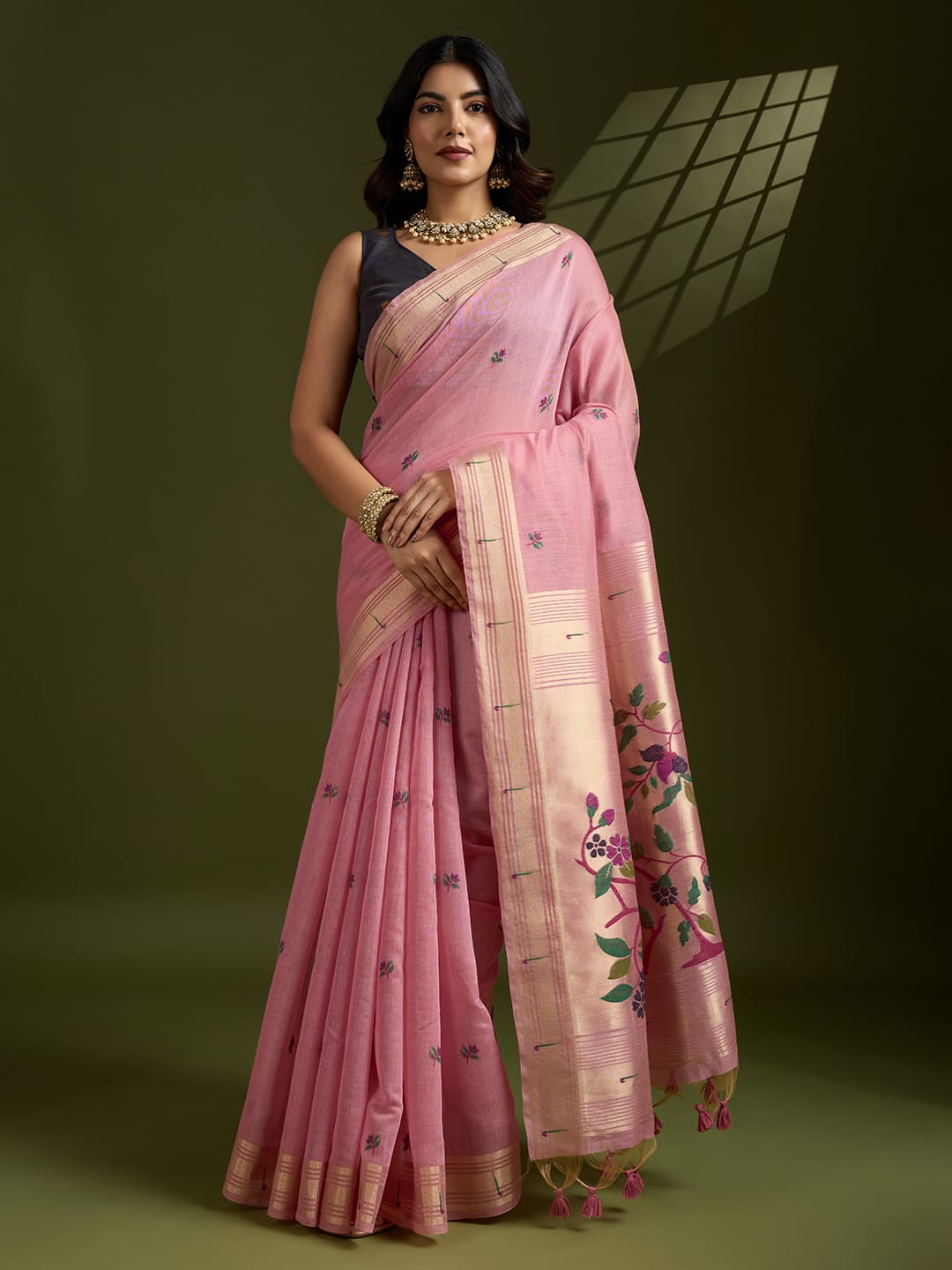 Muga Cotton Paithani Saree with Resham Weaving & Zari Border | Wedding Festive Wear