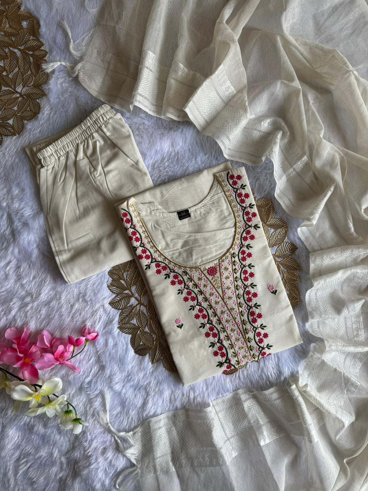 White Embroidered Khadi Cotton Kurti Pant Dupatta Set | The Indian Wardrobe