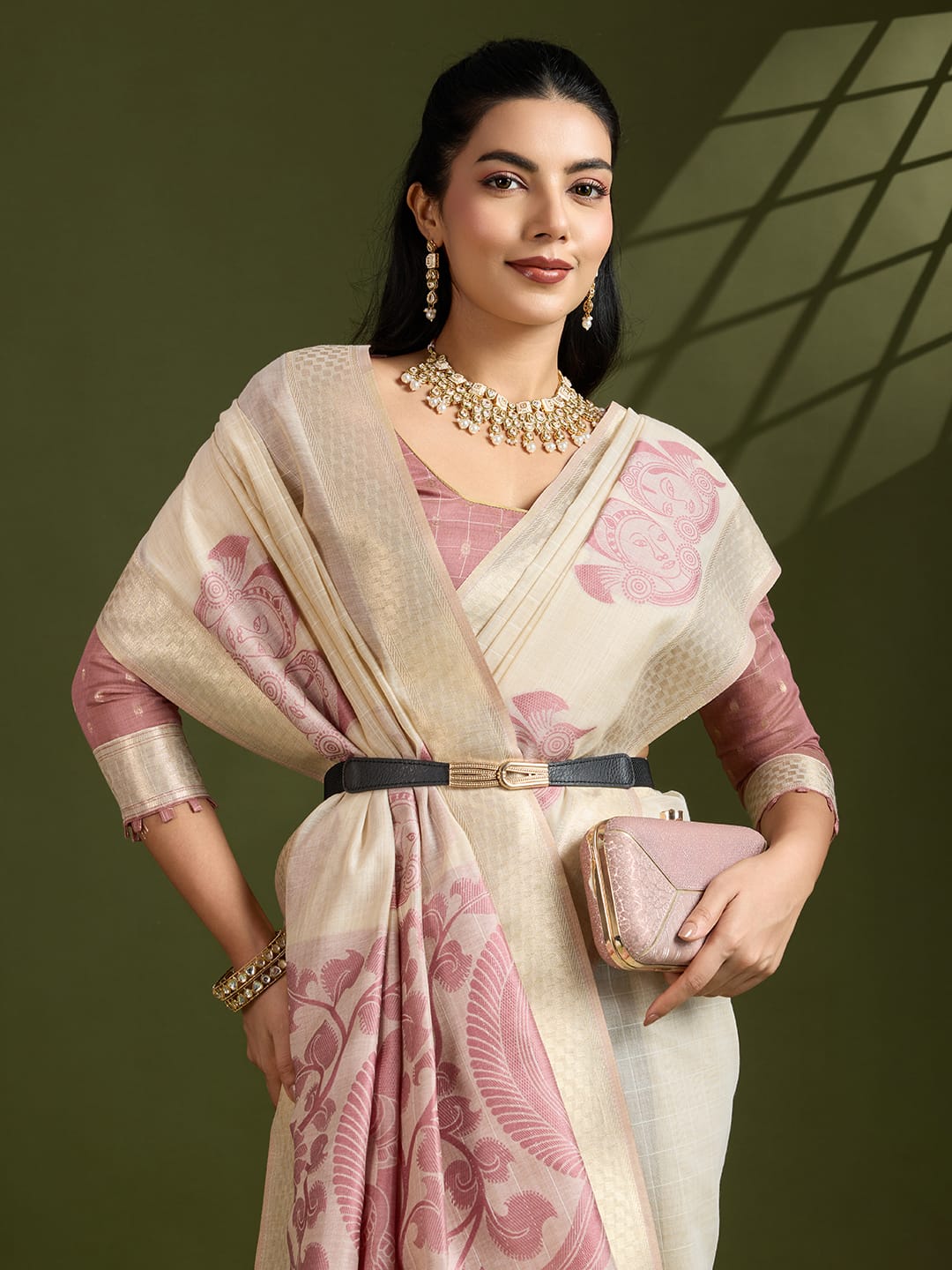 Traditional Kalamkari Peacock Weaving Saree with Checks Pattern