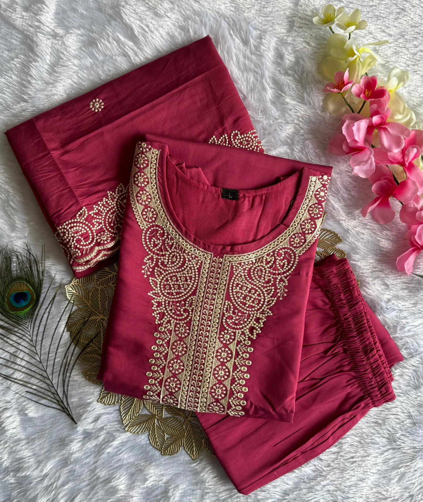 Peach Roman Silk Kurti Set with Embroidered Dupatta