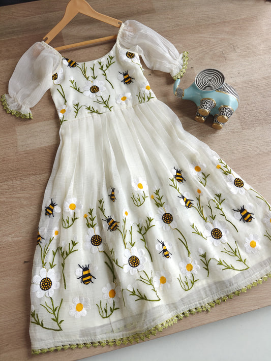 Honeybee Off-White Flared Dress for Girls | Honeybee Embroidery with Puff Sleeves | Crush Organza Dress for Special Occasions